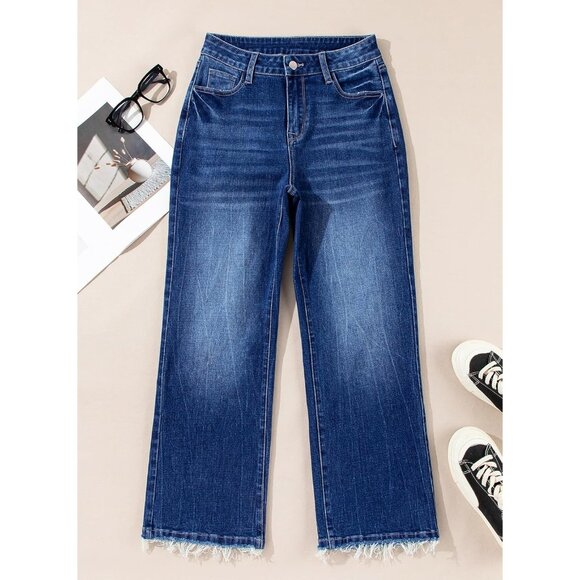 Womens High Waisted Flared Jeans Stretch Raw Hem Retro Wide Leg Pants - Picture 6 of 8